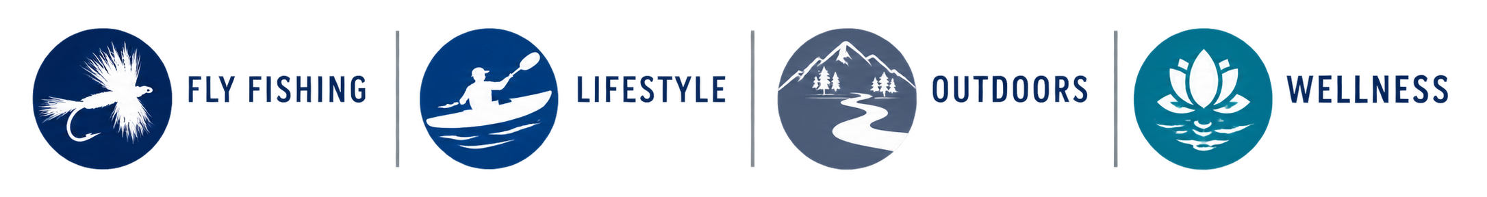 A horizontal banner featuring four circular blue and teal icons with text labels: 'FLY FISHING', 'LIFESTYLE', 'OUTDOORS', and 'WELLNESS' on a white background.